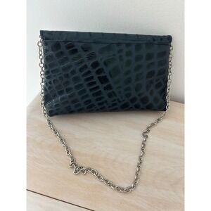 Kemestry Navy Blue Croc Embossed Leather Chain Crossbody Clutch Bag Made in USA